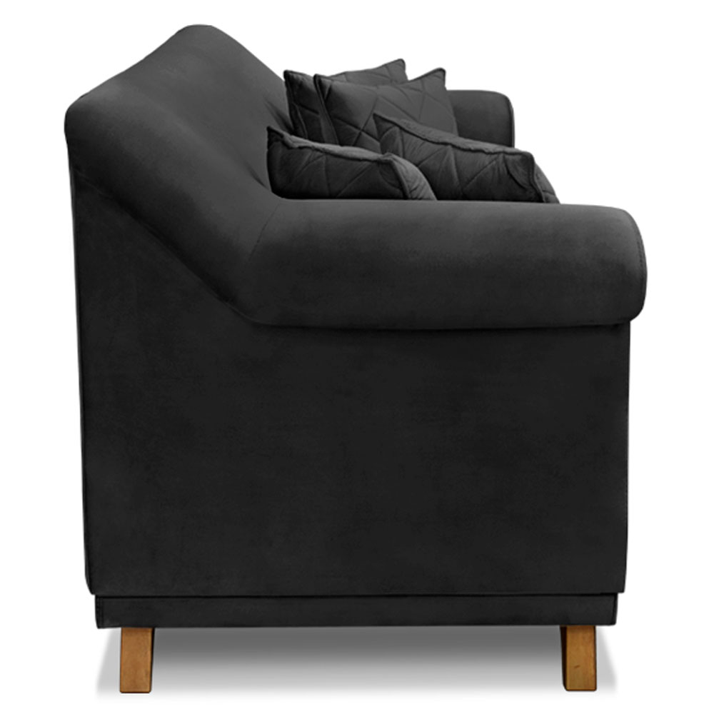 Kit 2 Poltronas e Sofá Living 2 Lugares 1,80m Vênus Veludo Preto Pés Castanho - Pallazio