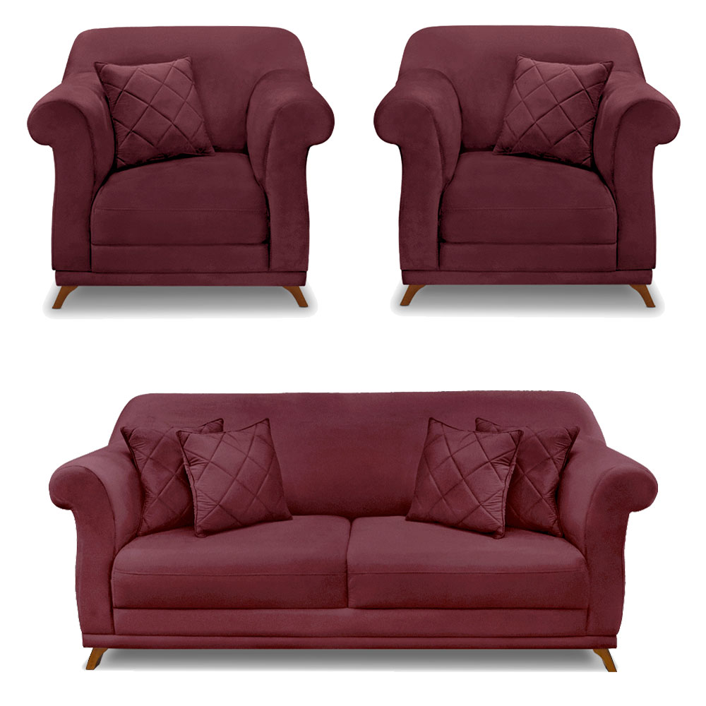 Kit 2 Poltronas e Sofá Living 2 Lugares 1,80m Vênus Veludo Vinho Pés Castanho - Pallazio