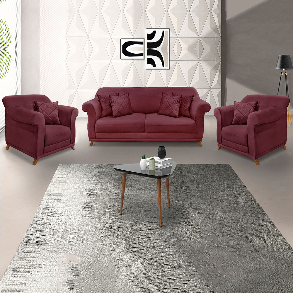 Kit 2 Poltronas e Sofá Living 2 Lugares 1,80m Vênus Veludo Vinho Pés Castanho - Pallazio