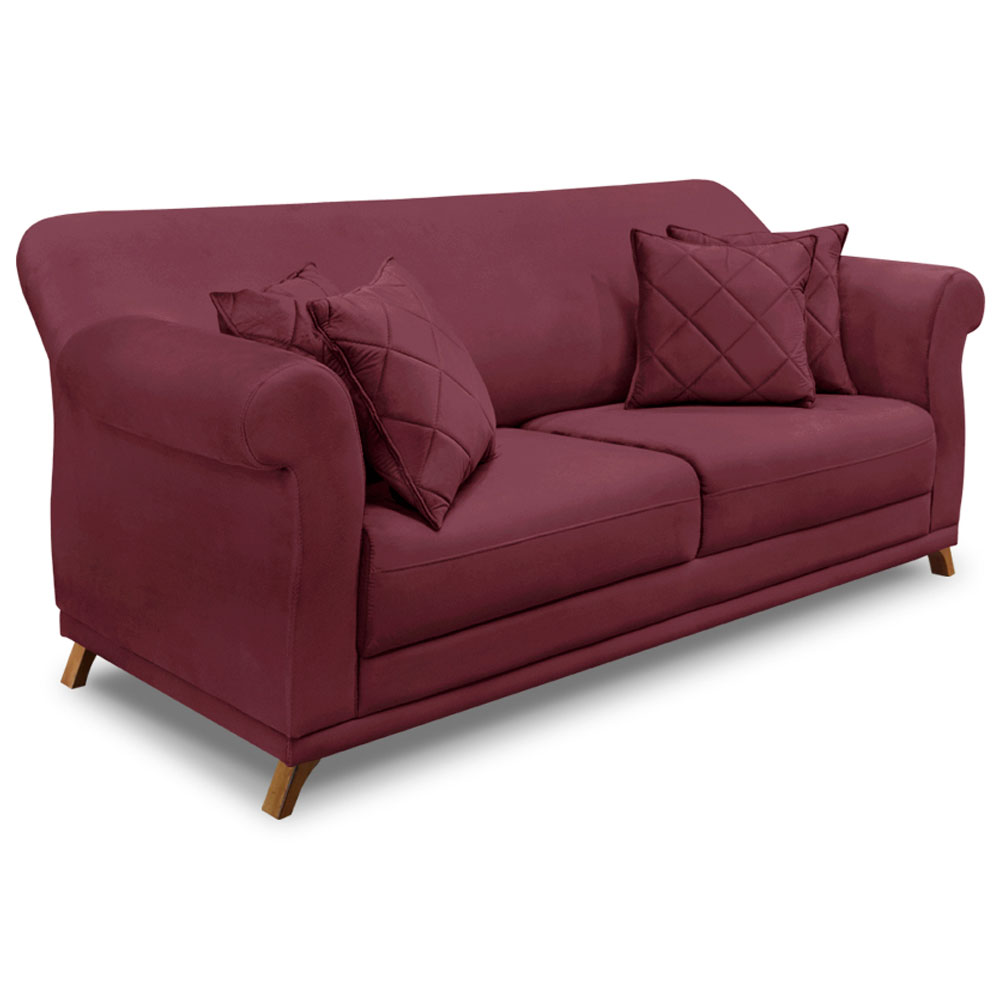 Kit 2 Poltronas e Sofá Living 2 Lugares 1,80m Vênus Veludo Vinho Pés Castanho - Pallazio