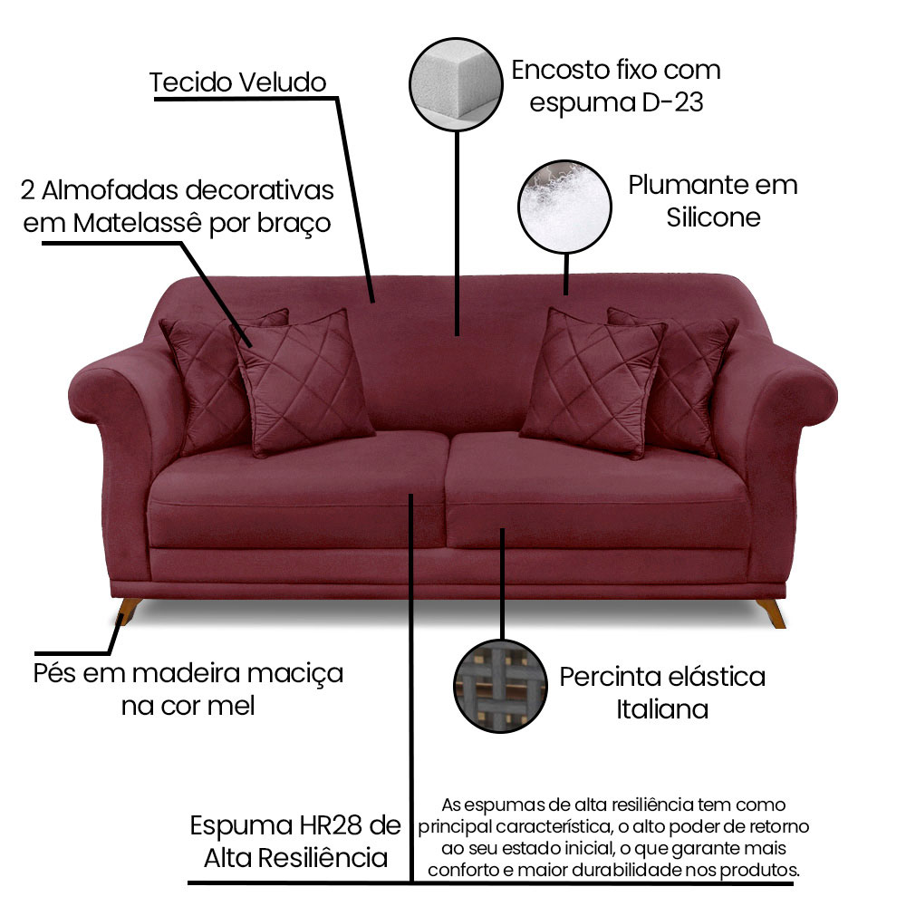 Kit 2 Poltronas e Sofá Living 2 Lugares 1,80m Vênus Veludo Vinho Pés Castanho - Pallazio