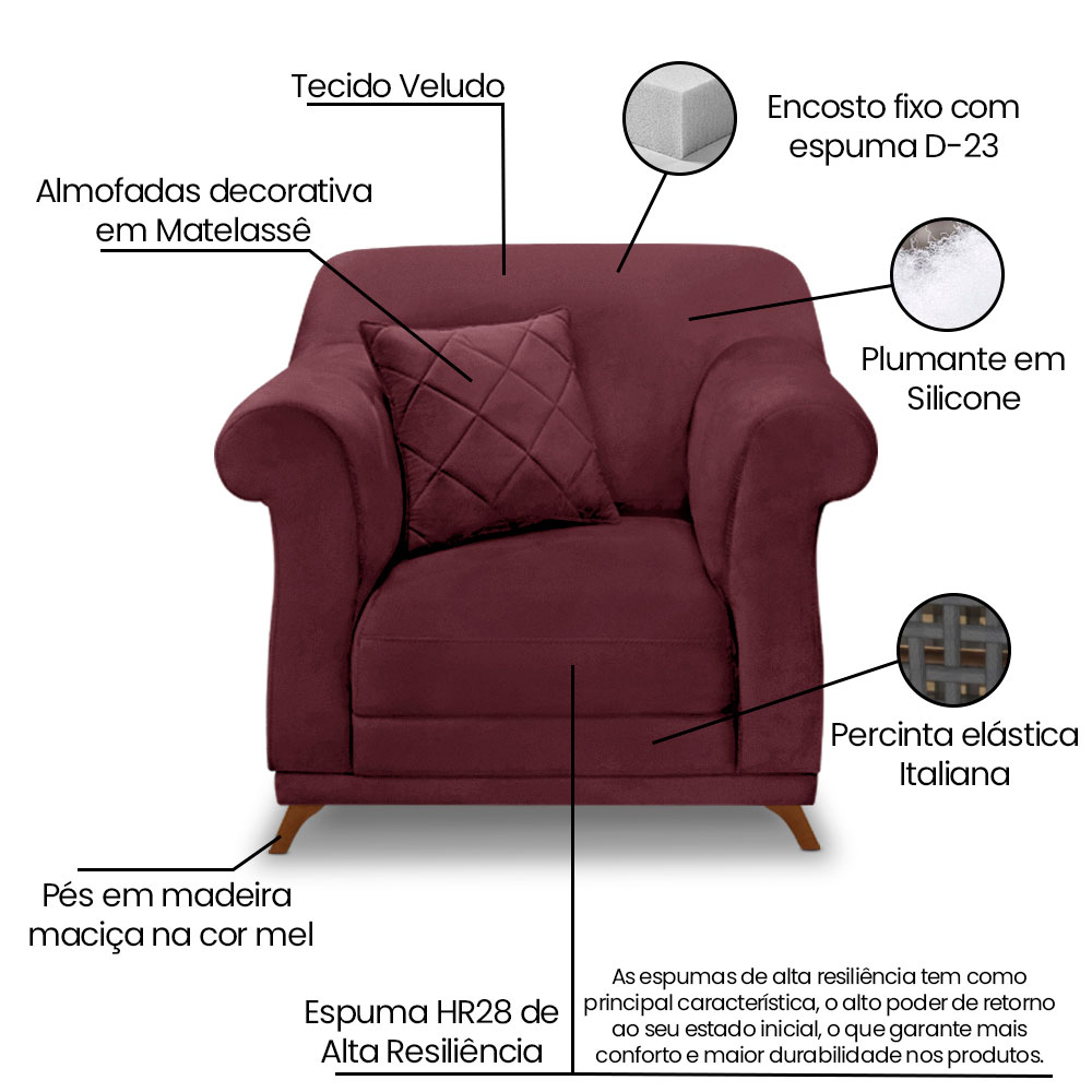 Kit 2 Poltronas e Sofá Living 2 Lugares 1,80m Vênus Veludo Vinho Pés Castanho - Pallazio