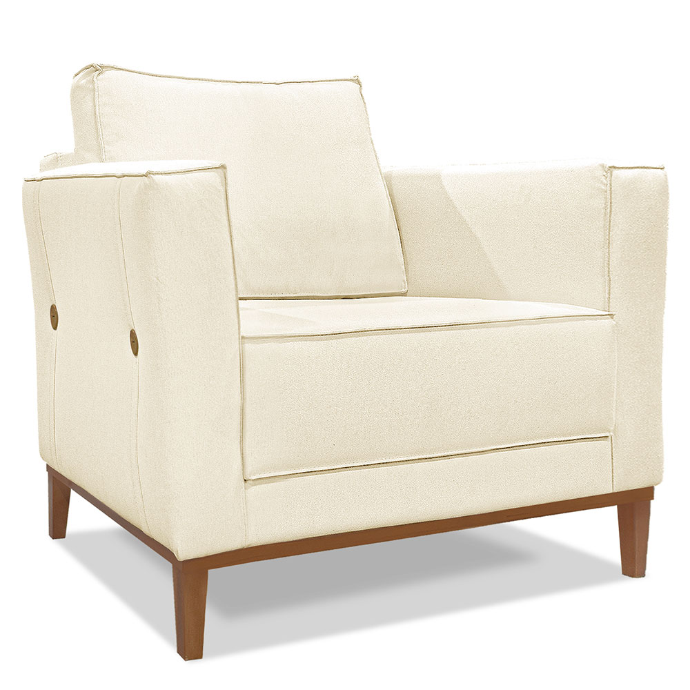 Kit 2 Poltronas e Sofá Living 2 Lugares 1,90m Vega Linho Bege Pés Castanho - Pallazio