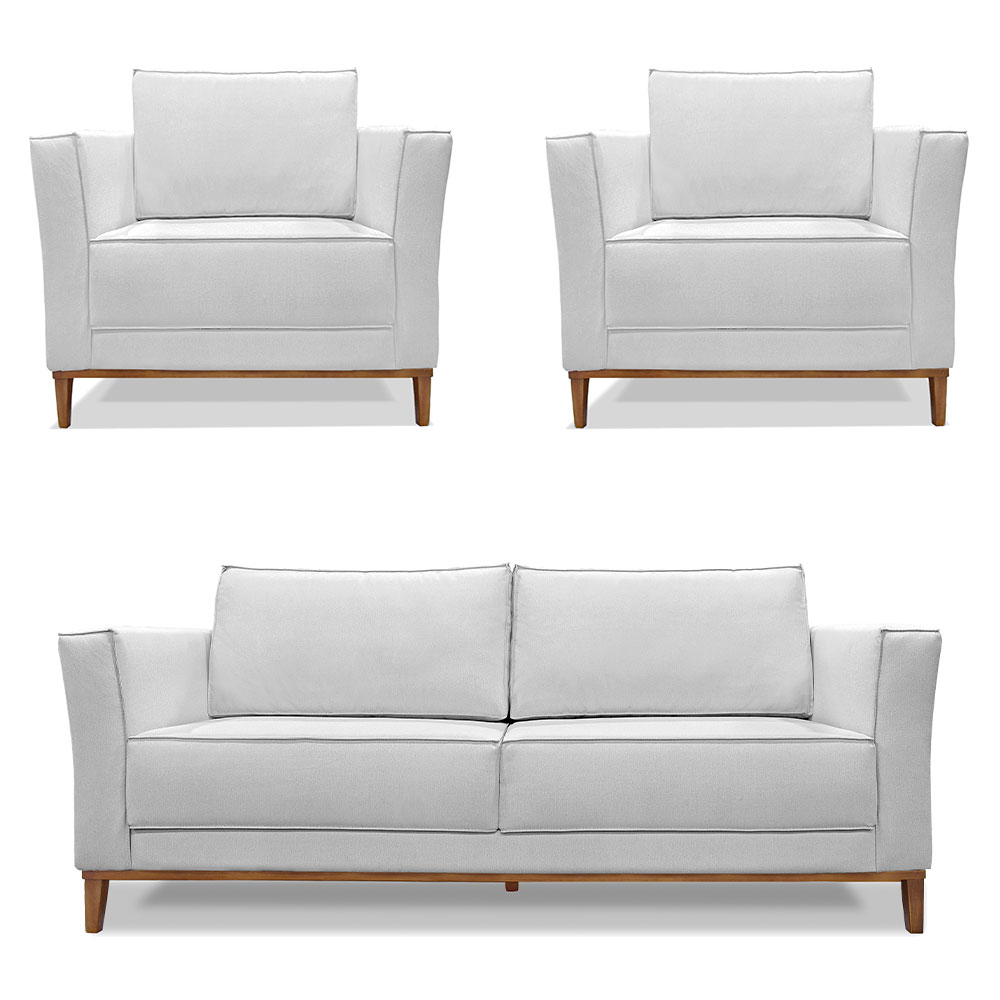 Kit 2 Poltronas e Sofá Living 2 Lugares 1,90m Vega Linho Cinza Pés Castanho - Pallazio
