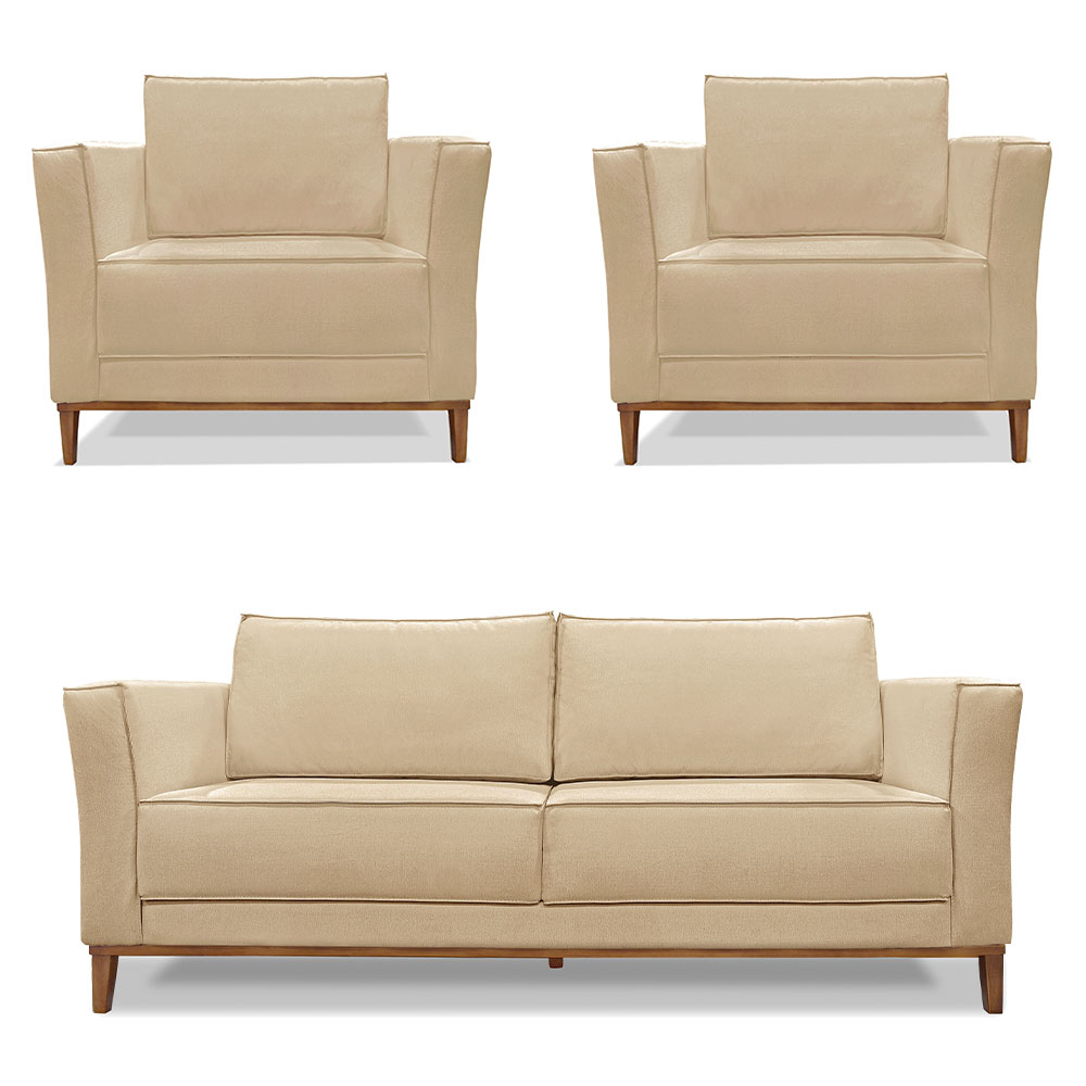Kit 2 Poltronas e Sofá Living 2 Lugares 1,90m Vega Linho Dourado Pés Castanho - Pallazio