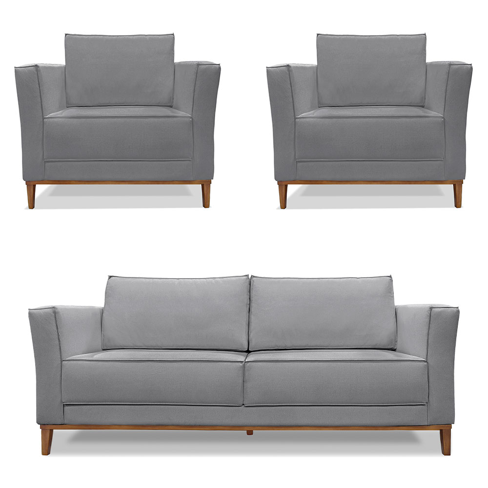 Kit 2 Poltronas e Sofá Living 2 Lugares 1,90m Vega Linho Grafite Pés Castanho - Pallazio