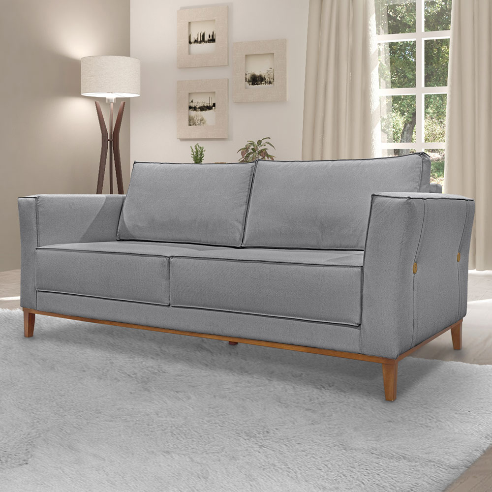 Kit 2 Poltronas e Sofá Living 2 Lugares 1,90m Vega Linho Grafite Pés Castanho - Pallazio