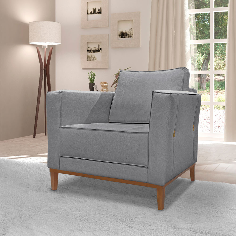 Kit 2 Poltronas e Sofá Living 2 Lugares 1,90m Vega Linho Grafite Pés Castanho - Pallazio