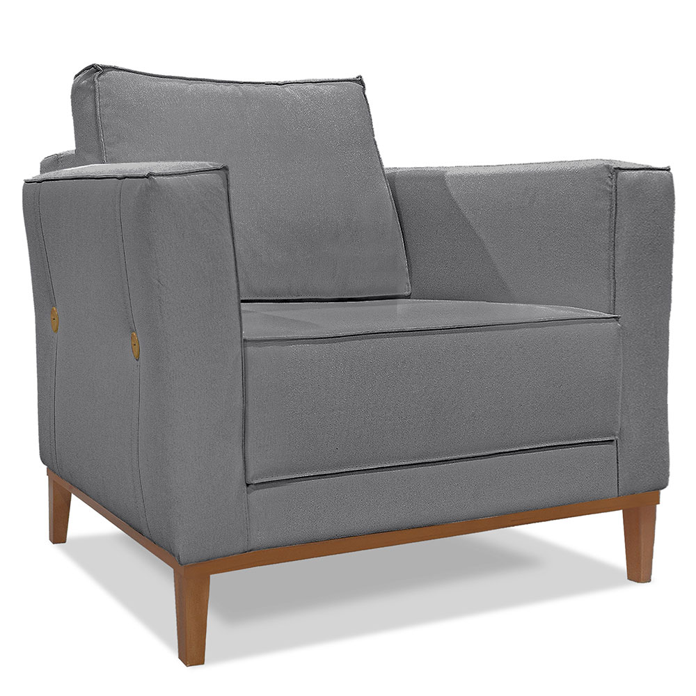 Kit 2 Poltronas e Sofá Living 2 Lugares 1,90m Vega Linho Grafite Pés Castanho - Pallazio