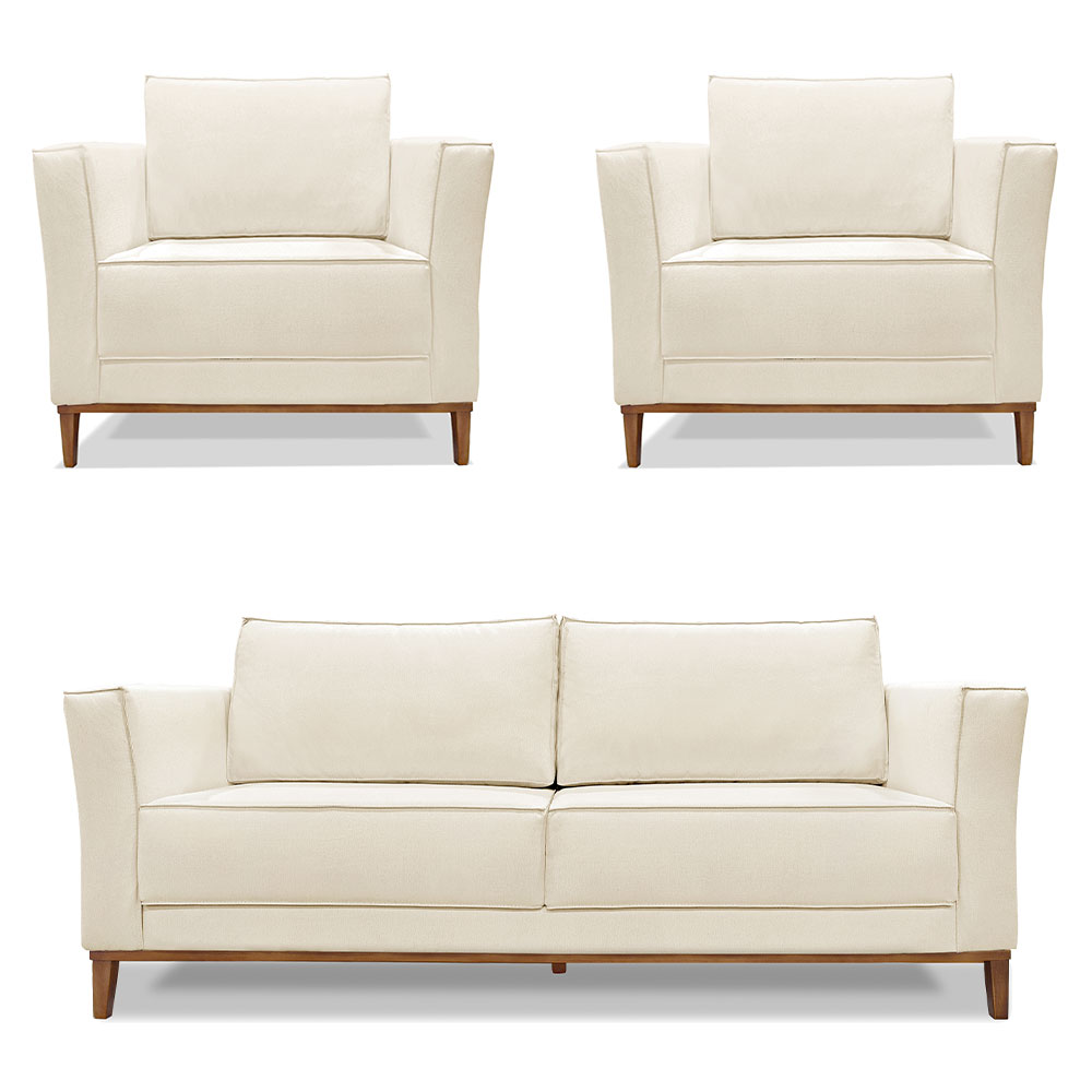 Kit 2 Poltronas e Sofá Living 2 Lugares 1,90m Vega Linho Natural Pés Castanho - Pallazio
