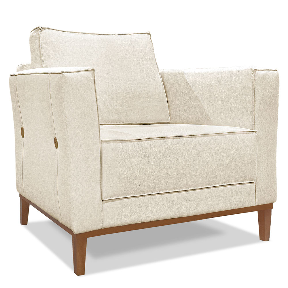 Kit 2 Poltronas e Sofá Living 2 Lugares 1,90m Vega Linho Natural Pés Castanho - Pallazio