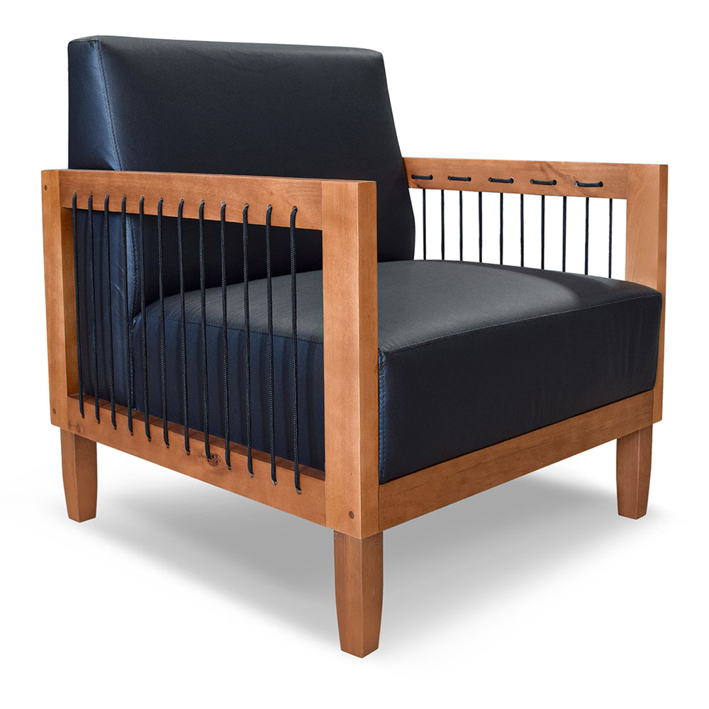 Kit 2 Poltronas e Sofá Living 2 Lugares Marilia 1,60m Corano Preto Base em Madeira Castanho - Pallazio