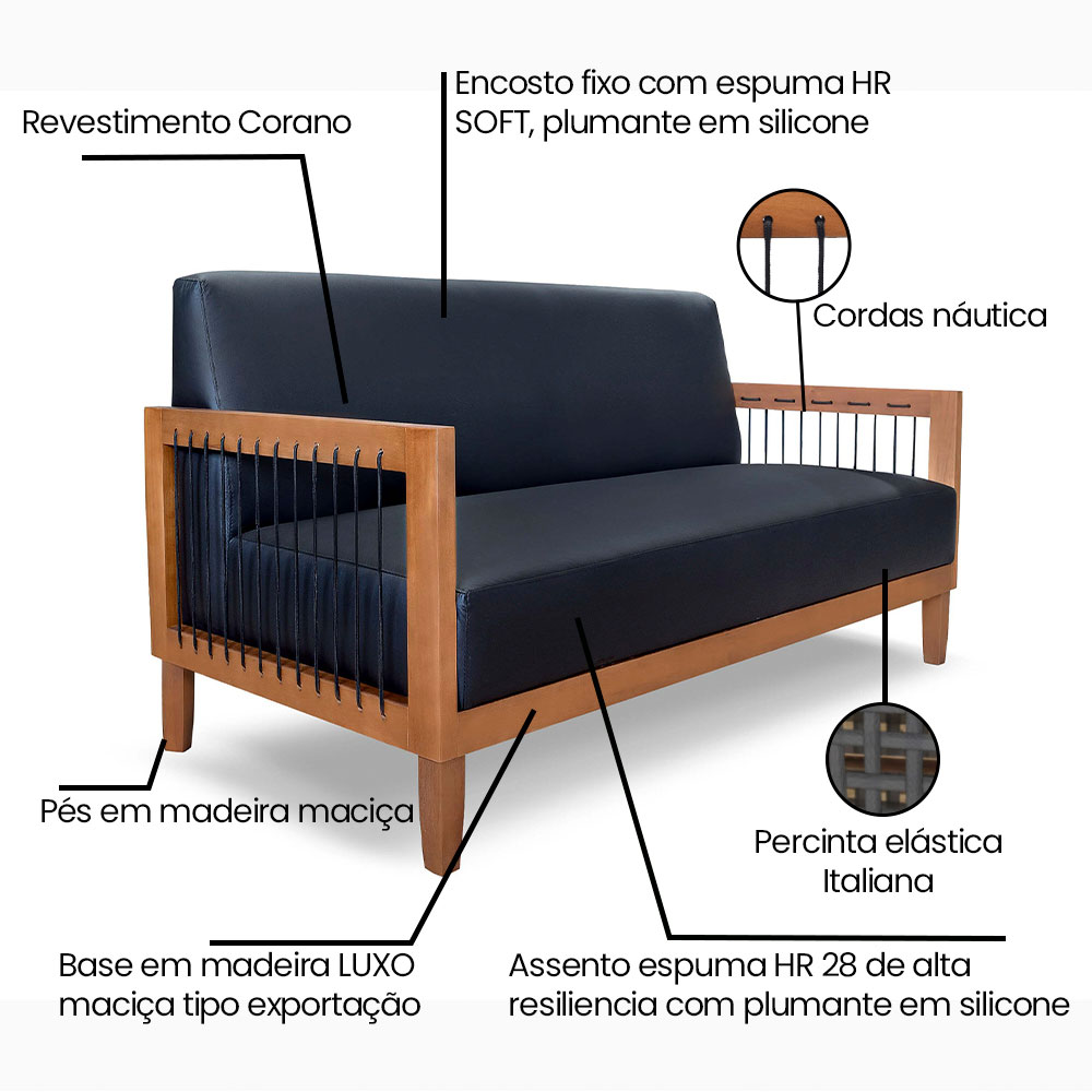 Kit 2 Poltronas e Sofá Living 2 Lugares Marilia 1,60m Corano Preto Base em Madeira Castanho - Pallazio