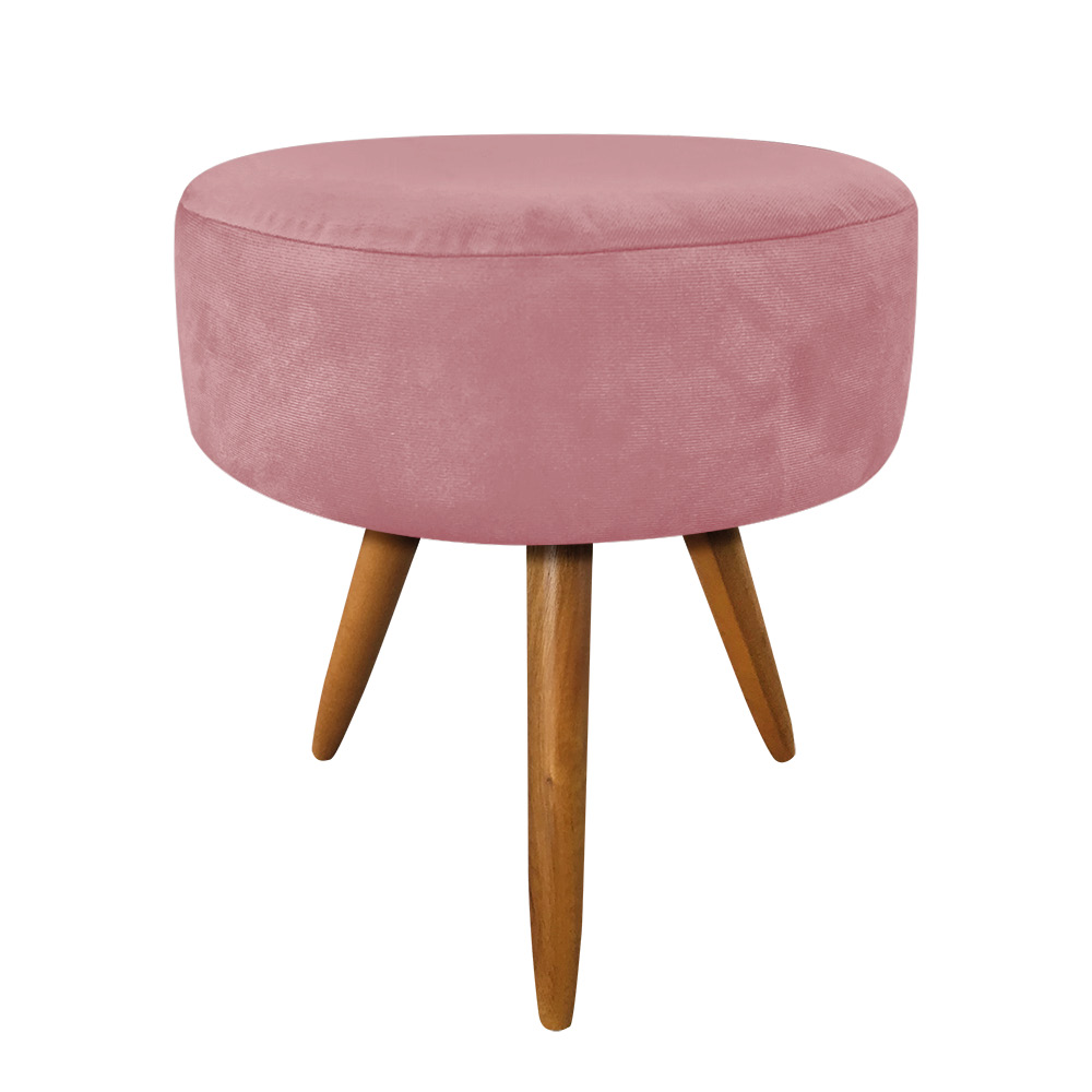 Kit 2 Puffs Banqueta Redonda Nina Suede Rosê Pés Palito Castanho - Pallazio