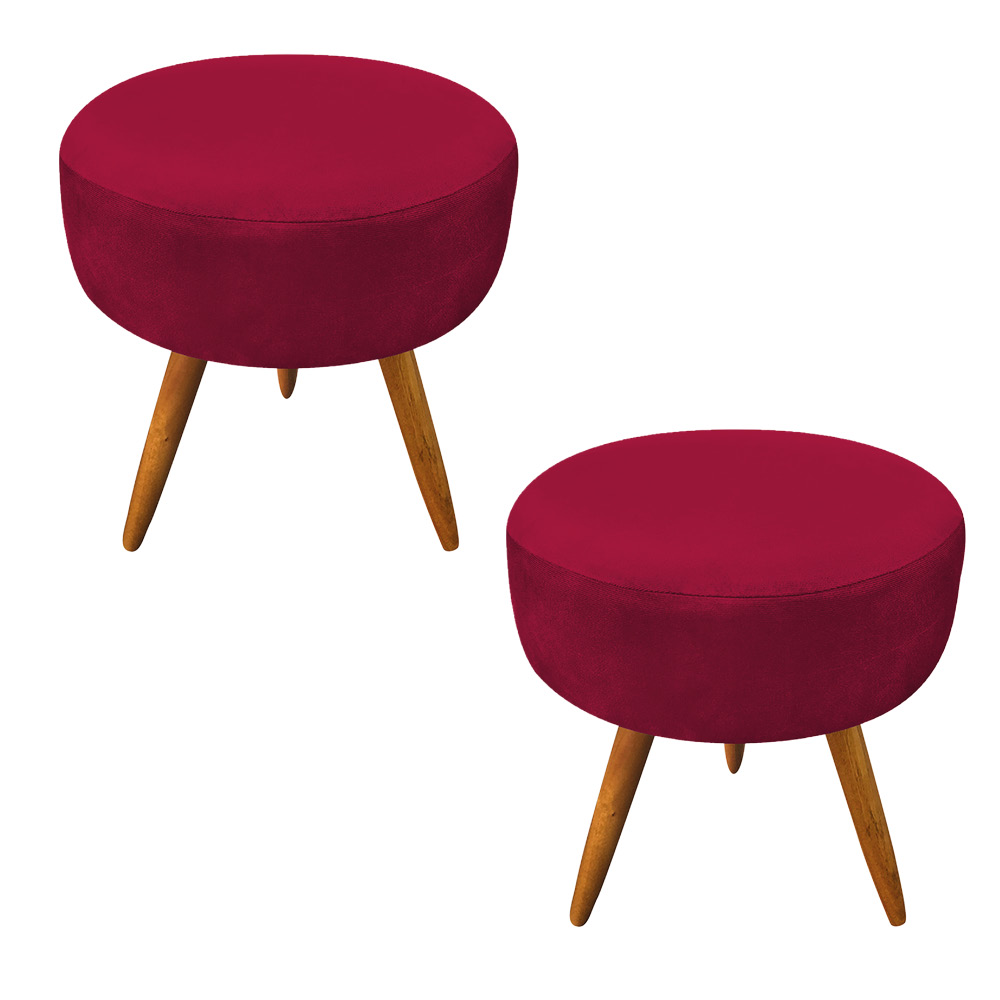 Kit 2 Puffs Banqueta Redonda Nina Suede Vermelho Pés Palito Castanho - Pallazio