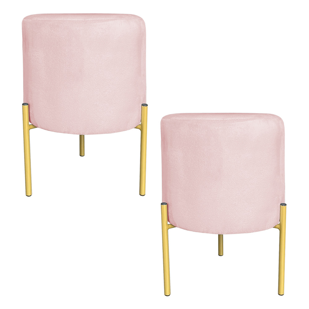 Kit 2 Puffs Decorativo Soren Suede Rosa Bebê Pés de Ferro Dourado - Pallazio