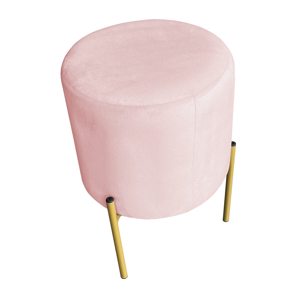 Kit 2 Puffs Decorativo Soren Suede Rosa Bebê Pés de Ferro Dourado - Pallazio