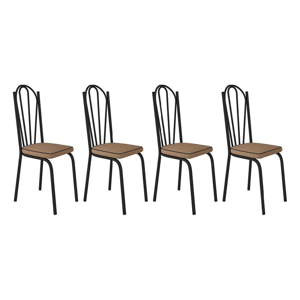 Kit 4 Cadeiras de Cozinha Alabama Estampado Rattan Bege Pés de Ferro Preto - Pallazio