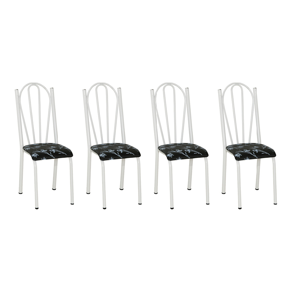 Kit 4 Cadeiras de Cozinha Alasca Estampado Preto Florido Pés de Ferro Branco - Pallazio