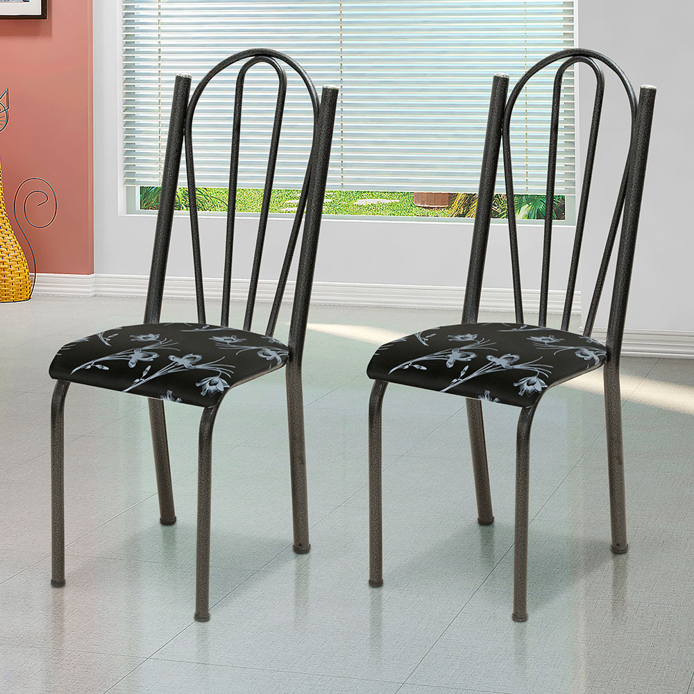 Kit 4 Cadeiras de Cozinha Alasca Estampado Preto Florido Pés de Ferro Cromo Preto - Pallazio