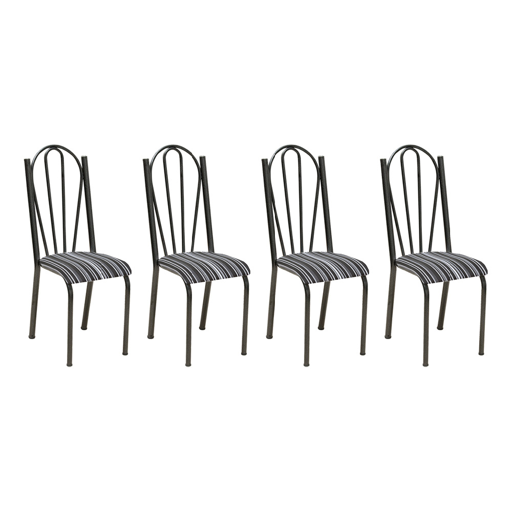 Kit 4 Cadeiras de Cozinha Alasca Estampado Preto Listrado Pés de Ferro Cromo Preto - Pallazio