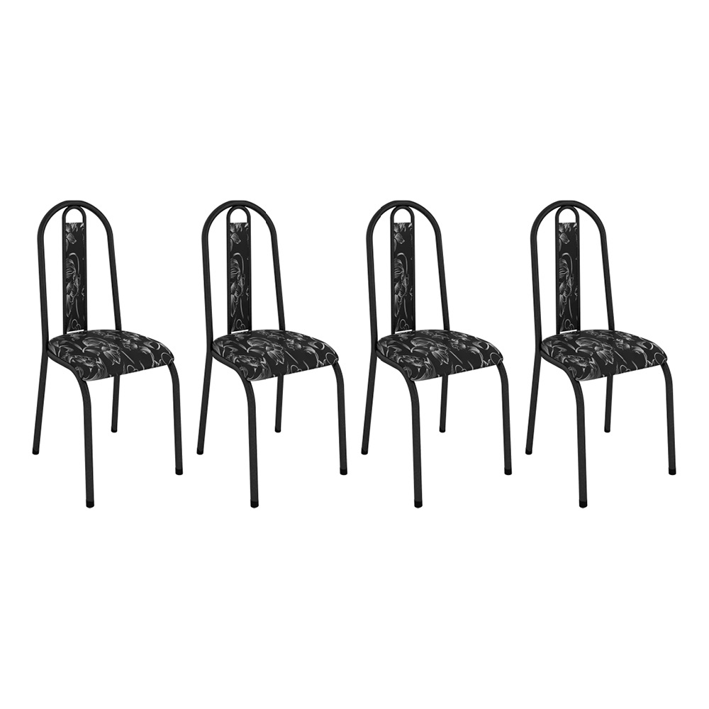 Kit 4 Cadeiras de Cozinha Arizona Estampado Preto Florido Pés de Ferro Preto - Pallazio