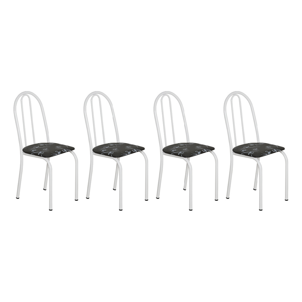 Kit 4 Cadeiras de Cozinha Califórnia Estampado Preto Florido Pés de Ferro Branco - Pallazio