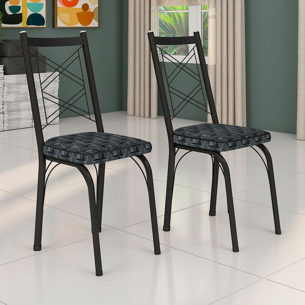 Kit 4 Cadeiras de Cozinha Delaware Estampado Mosaico Silver Pés de Ferro Preto - Pallazio