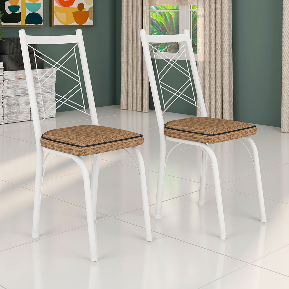 Kit 4 Cadeiras de Cozinha Delaware Estampado Rattan Bege Pés de Ferro Branco - Pallazio