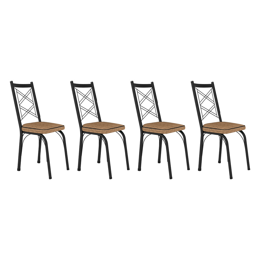 Kit 4 Cadeiras de Cozinha Delaware Estampado Rattan Bege Pés de Ferro Preto - Pallazio