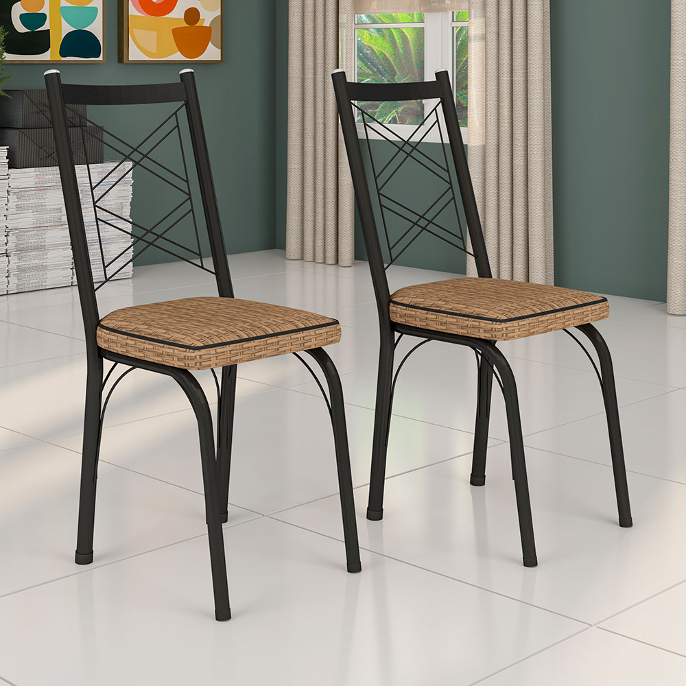 Kit 4 Cadeiras de Cozinha Delaware Estampado Rattan Bege Pés de Ferro Preto - Pallazio