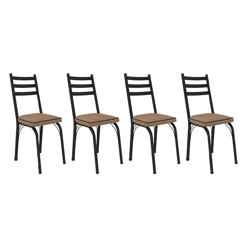 Kit 4 Cadeiras de Cozinha Luisiana Estampado Rattan Bege Pés de Ferro Preto - Pallazio