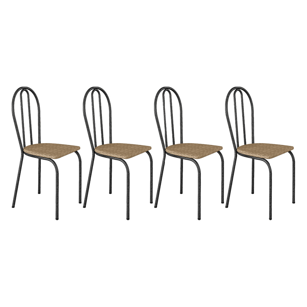 Kit 4 Cadeiras de Cozinha Texas Estampado Rattan Pés de Ferro Cromo Preto - Pallazio