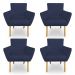 Kit 4 Poltronas Decorativa Leticia Suede Azul Marinho Pés Palito Castanho - Pallazio