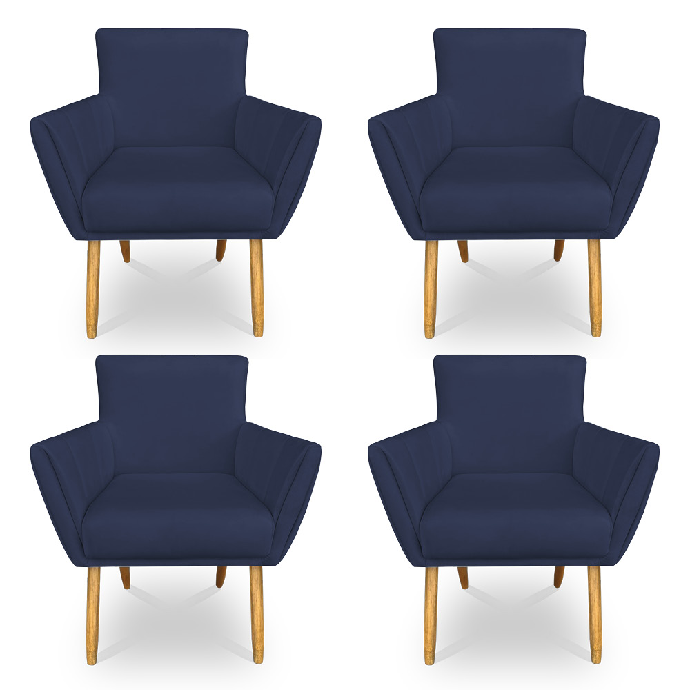 Kit 4 Poltronas Decorativa Leticia Suede Azul Marinho Pés Palito Castanho - Pallazio