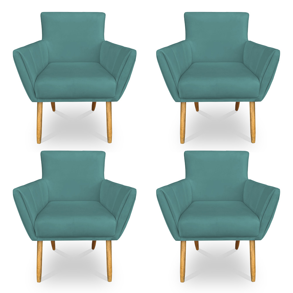 Kit 4 Poltronas Decorativa Leticia Suede Azul Turquesa Pés Palito Castanho - Pallazio