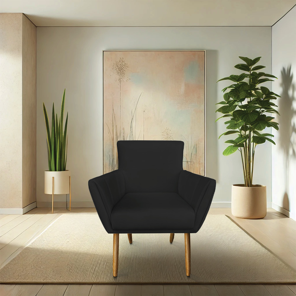 Kit 4 Poltronas Decorativa Leticia Suede Preto Pés Palito Castanho - Pallazio