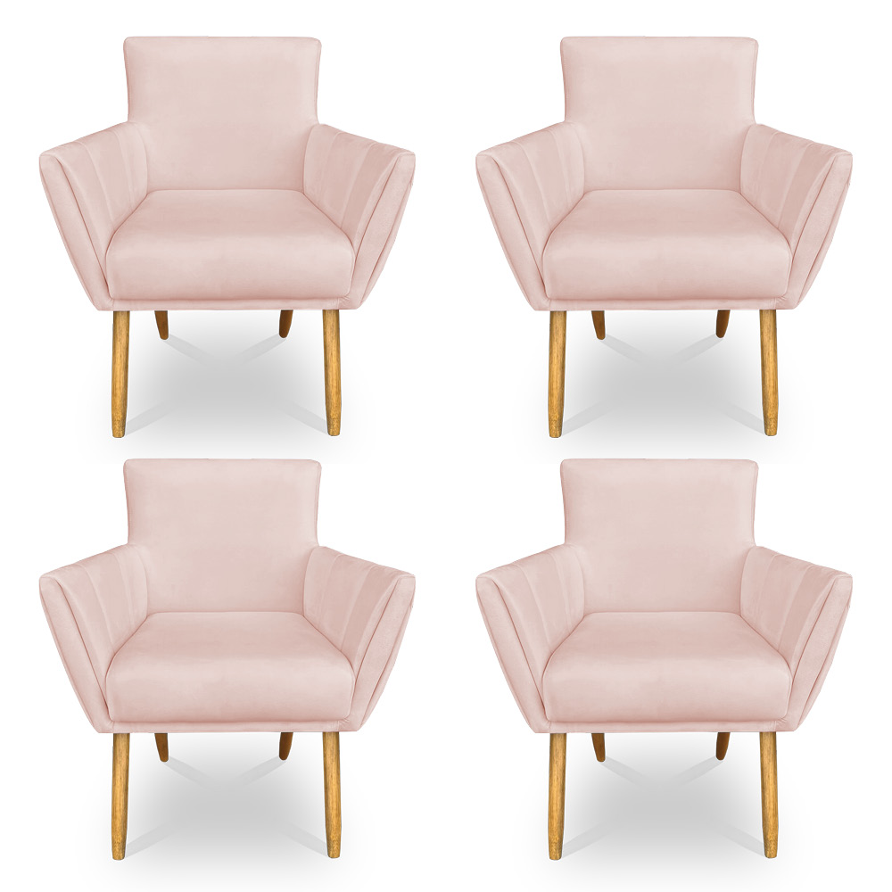 Kit 4 Poltronas Decorativa Leticia Suede Rosa Bebê Pés Palito Castanho - Pallazio