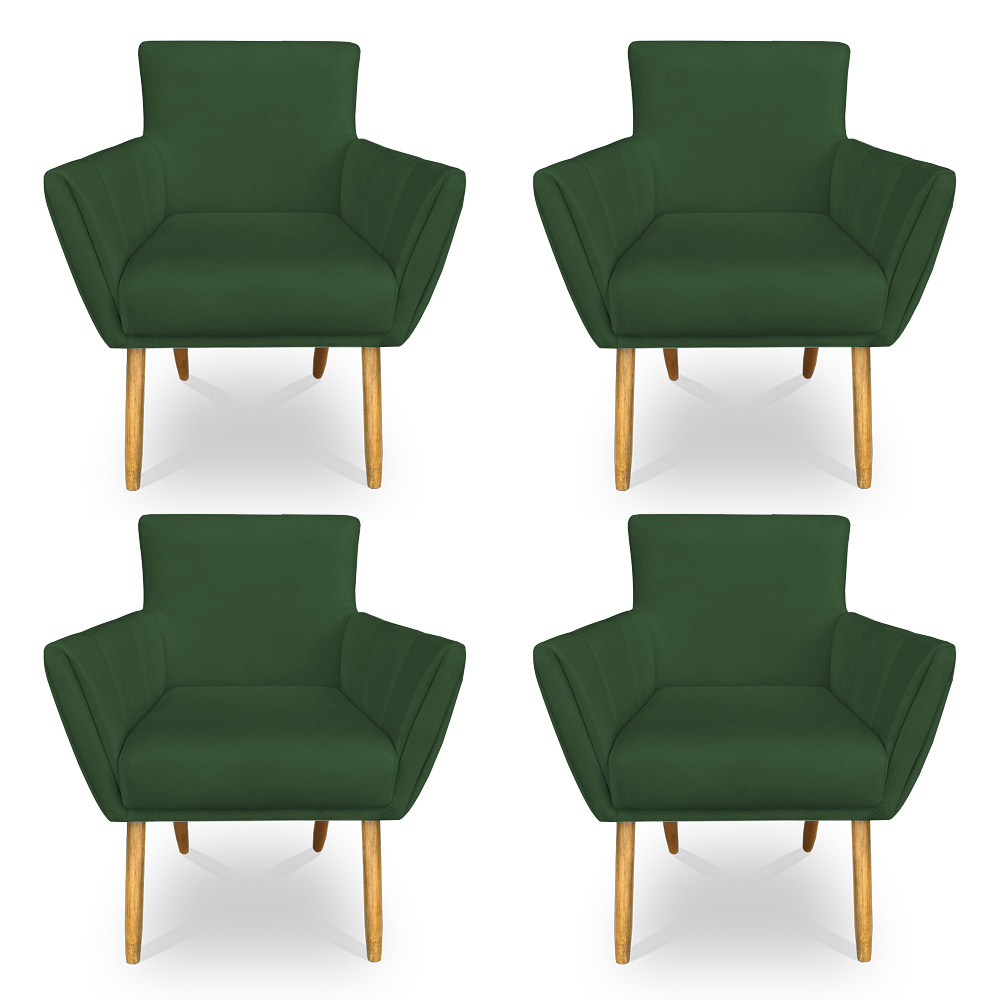 Kit 4 Poltronas Decorativa Leticia Suede Verde Pés Palito Castanho - Pallazio