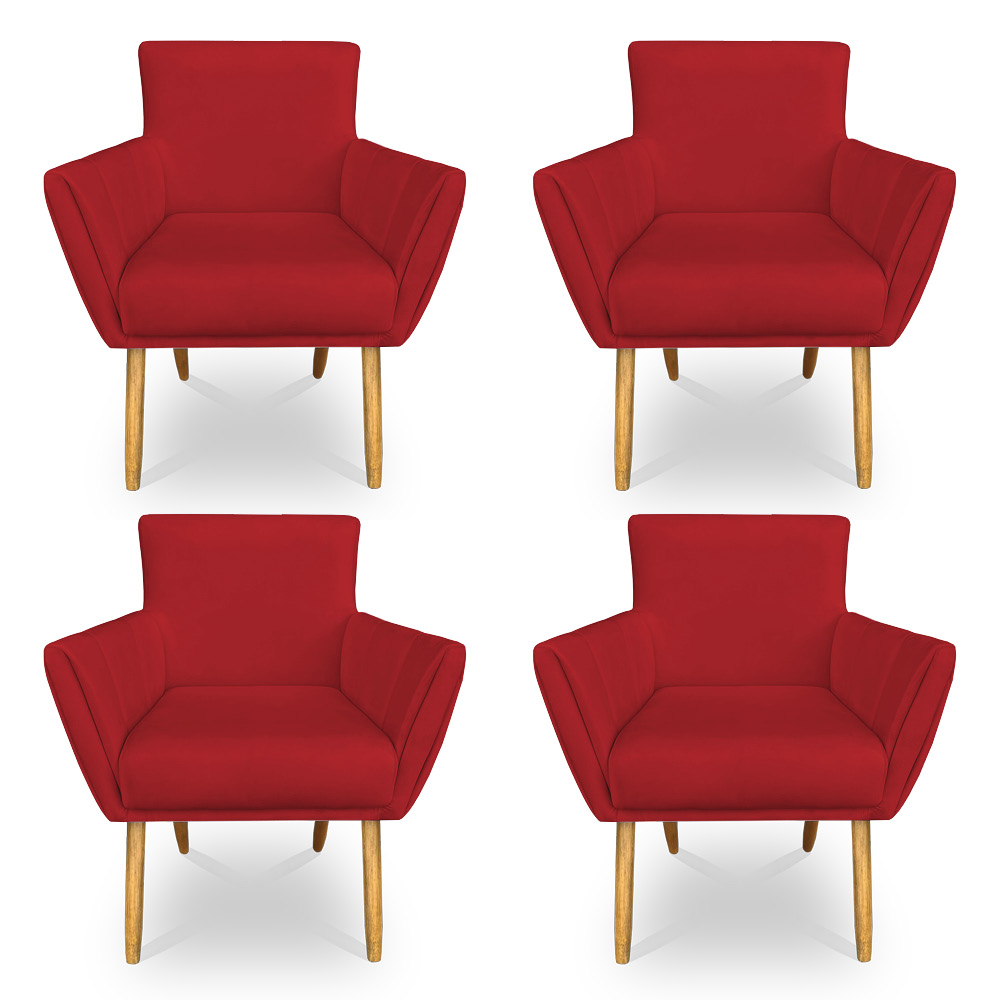 Kit 4 Poltronas Decorativa Leticia Suede Vermelho Pés Palito Castanho - Pallazio