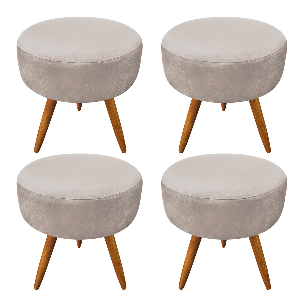 Kit 4 Puffs Banqueta Redonda Nina Suede Pés Palito Castanho - Pallazio