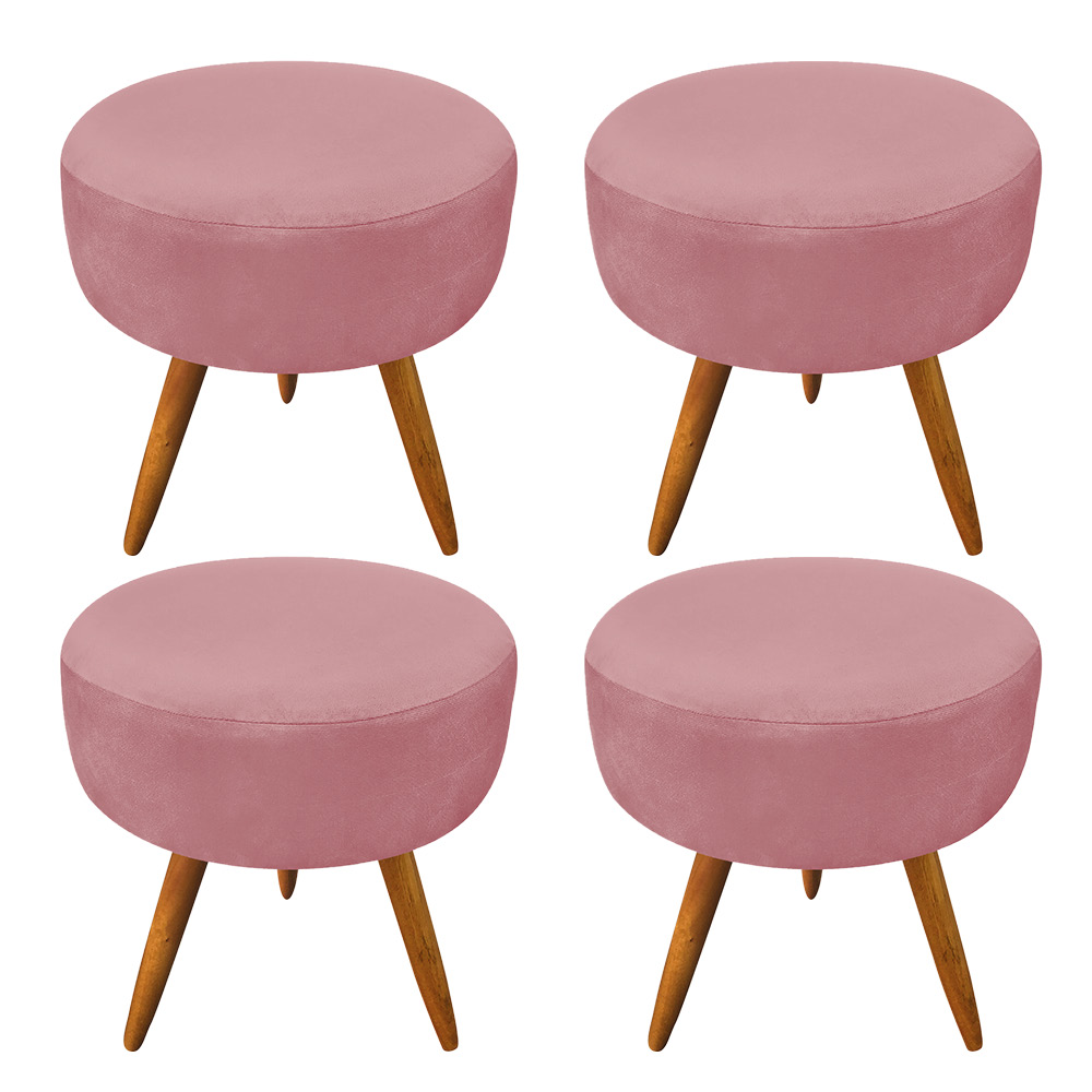 Kit 4 Puffs Banqueta Redonda Nina Suede Rosê Pés Palito Castanho - Pallazio