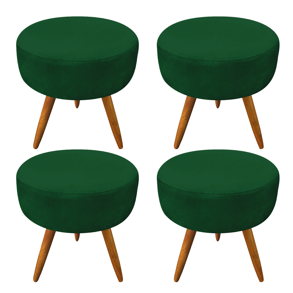 Kit 4 Puffs Banqueta Redonda Nina Suede Verde Pés Palito Castanho - Pallazio