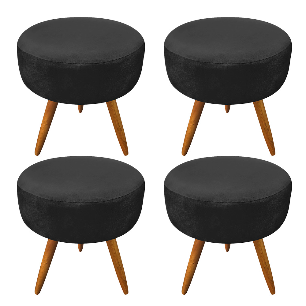 Kit 4 Puffs Banqueta Redonda Nina Veludo Preto Pés Palito Castanho - Pallazio