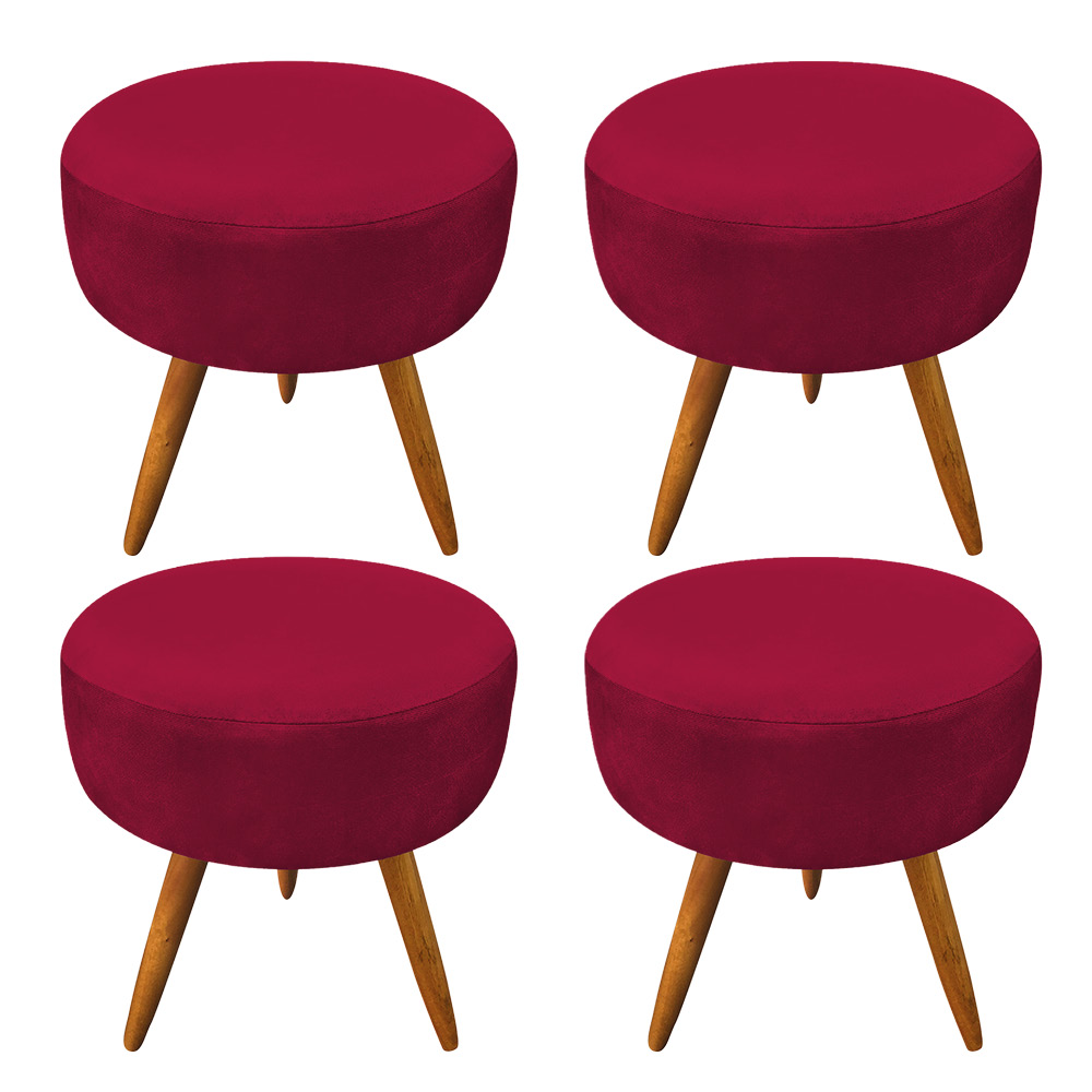 Kit 4 Puffs Banqueta Redonda Nina Veludo Vermelho Pés Palito Castanho - Pallazio