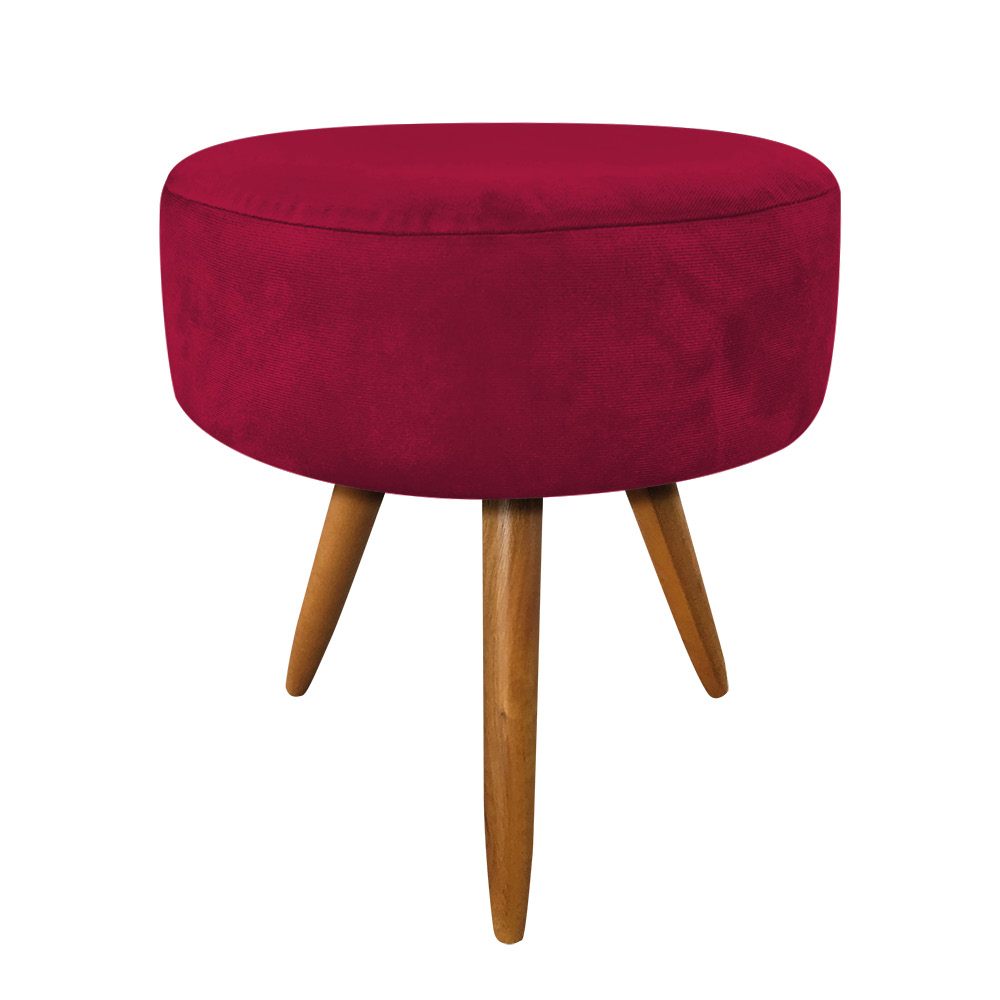 Kit 4 Puffs Banqueta Redonda Nina Veludo Vermelho Pés Palito Castanho - Pallazio