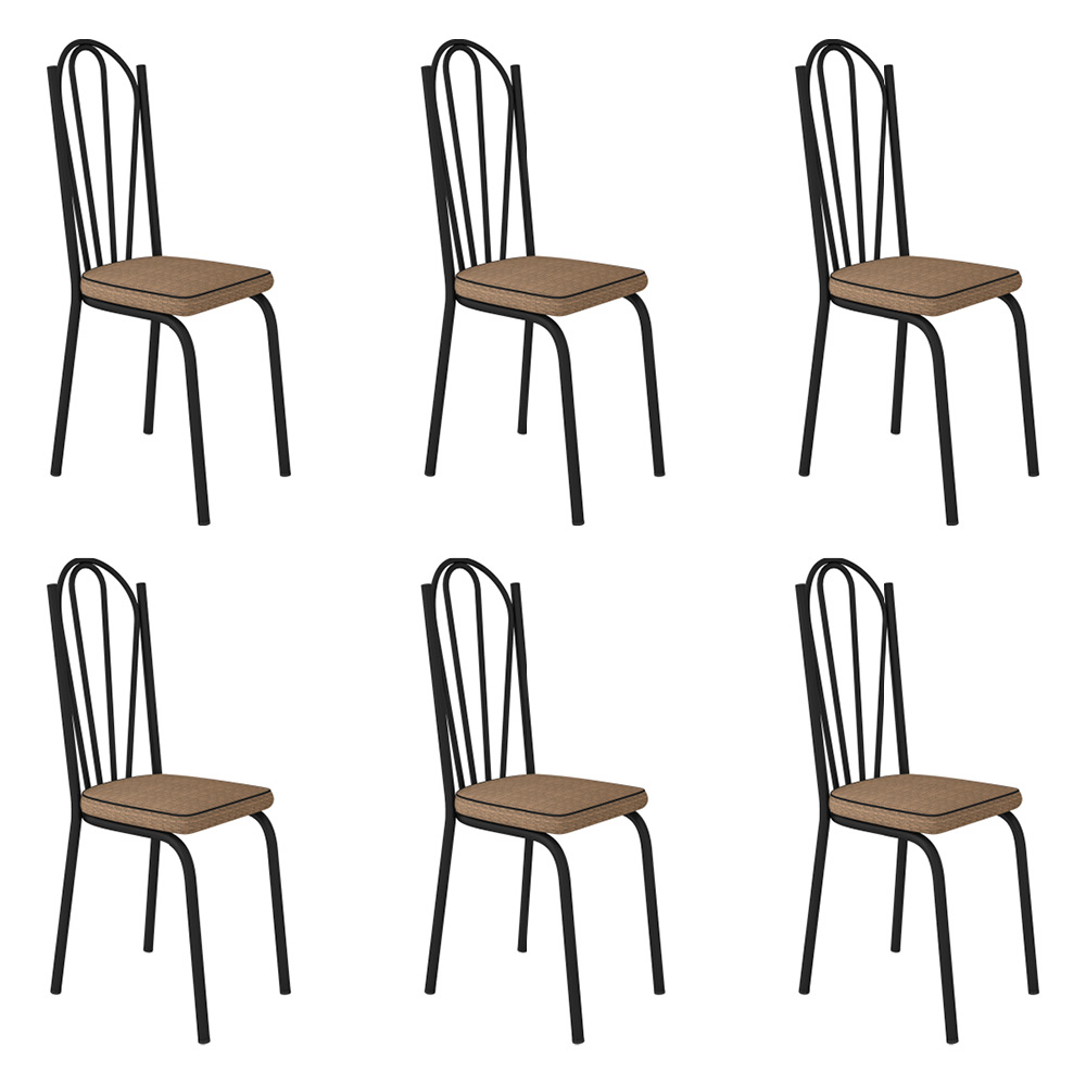 Kit 6 Cadeiras de Cozinha Alabama Estampado Rattan Bege Pés de Ferro Preto - Pallazio