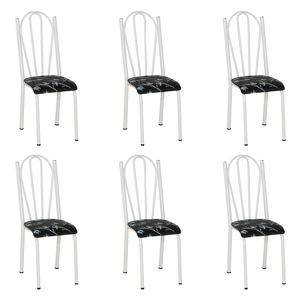 Kit 6 Cadeiras de Cozinha Alasca Estampado Preto Florido Pés de Ferro Branco - Pallazio