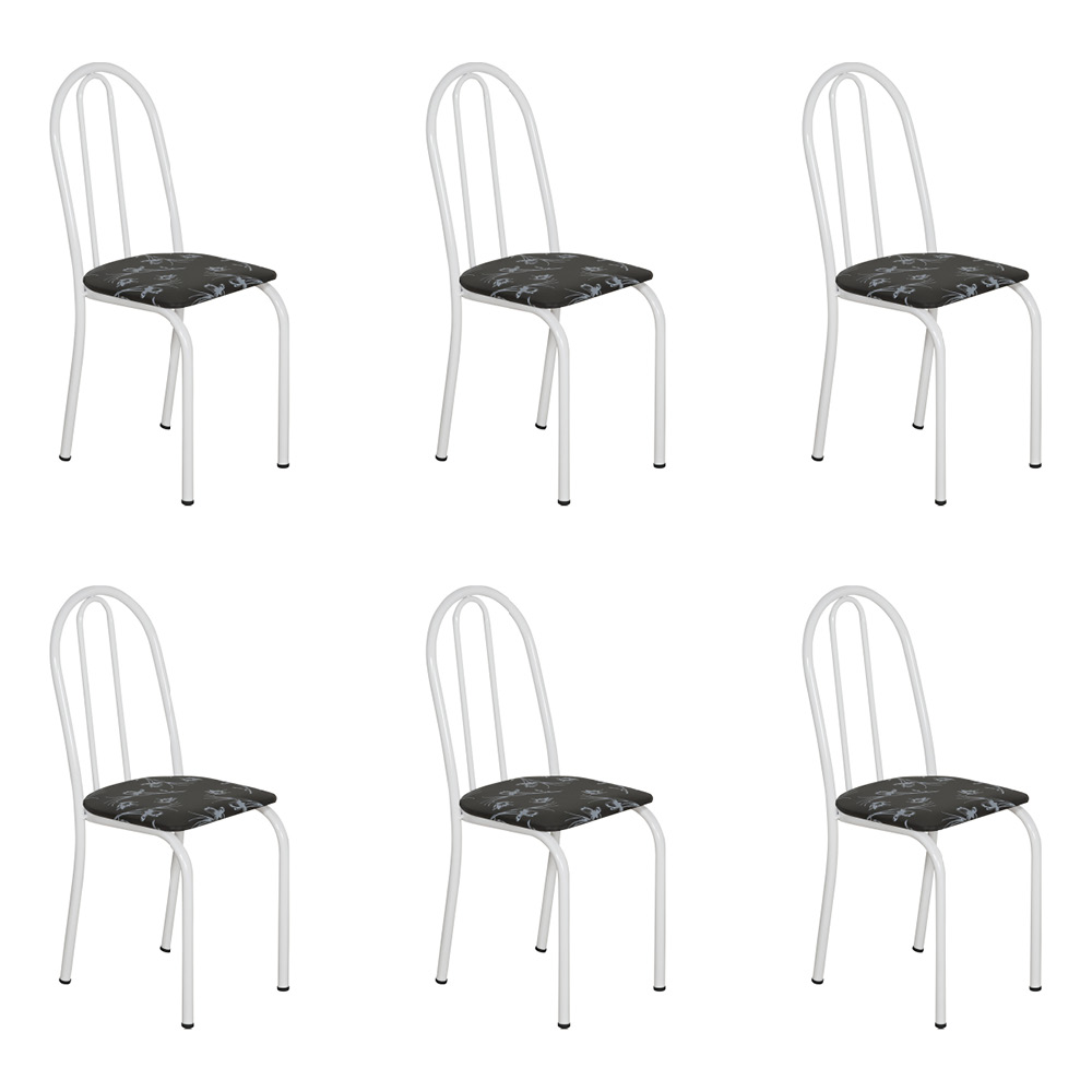 Kit 6 Cadeiras de Cozinha Califórnia Estampado Preto Florido Pés de Ferro Branco - Pallazio