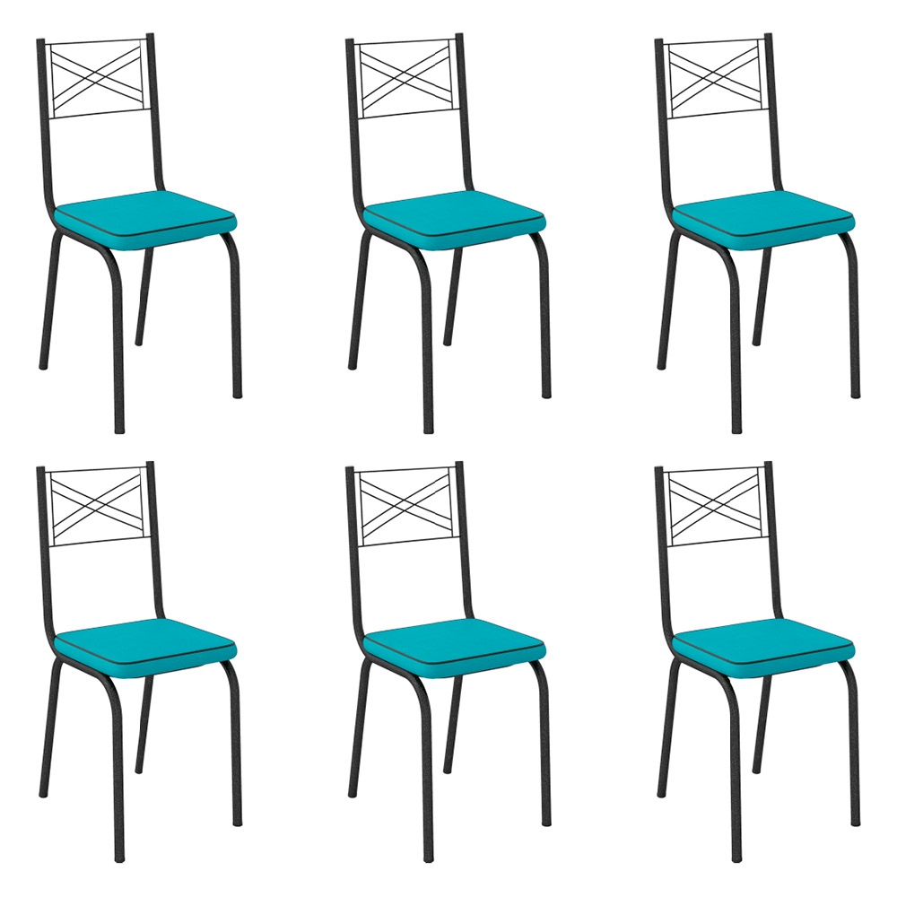 Kit 6 Cadeiras de Cozinha Colorado Corino Azul Turquesa Pés de Ferro Preto - Pallazio
